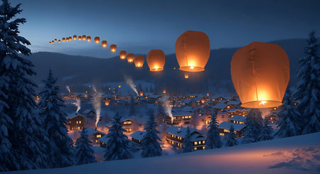 Sky lanterns floating above snowy village illuminated homes winter night. Festive glow serene rural scene capturing tranquil seasonal ambiance.の素材