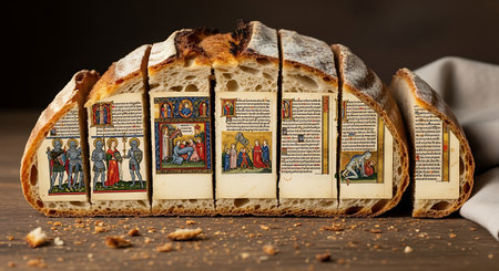 Historical bread slice concept antiquarian illustrations pages. Loaf slices book page knights medieval illustration. Food bread creationの素材