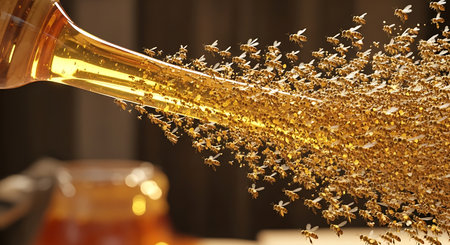 Close-up shot honey stream pouring vigorously with abundant bees. Honeycomb liquid creates dynamic composition with buzzing insects.の素材