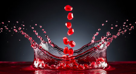 Pomegranate seeds falling in water crown splash, close-up view. Red pomegranate juice bursting in air. Fresh fruit concept.の素材