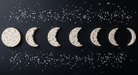 Rice Cake Moon Phases Concept, Creative Food Photography, Arrangement, Dark Backdrop.  Progressive lunar representation with grains sprinkles.の素材
