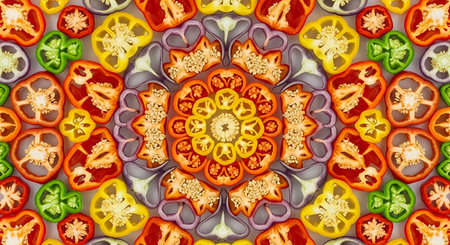 Vegetable Kaleidoscope Pattern, Food Art, Colorful Backdrop. Unique design featuring bell peppers, onions and other raw fresh vegetables.の素材