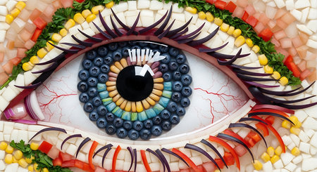 Abstract eye from vegetables. Mosaic pattern made with food ingredients. Culinary and healthy eating concept. Art and surreal vision symbol.の素材