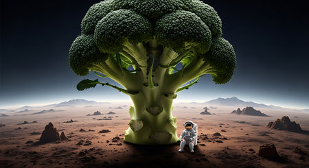 Broccoli Tree and Astronaut on Mars Landscape. Exploration of planets, space travel.  Fantastic food and imagination, planet discovery concept.の素材