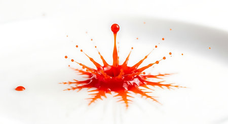 Red Liquid Splash in Milk Background, Food Photography, Creative Backdrop. Fresh drink concept with vibrant color against plain white backdrop.の素材