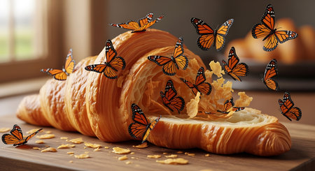 Fresh croissant with monarch butterflies on wooden cutting board. Delicious breakfast food pastry concept art. Warm buttery food.の素材