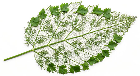 Leaf skeleton with delicate structure and fresh parsley border against clean white backdrop. Ideal for botany and nature imagery.の素材