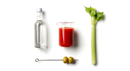 Bloody Mary Ingredients ready to prepare cocktail with vodka. Tomato juice, celery stalk, olive stick, transparent glass bottle. Flat lay setup.の素材