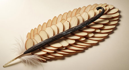 Almond feather vanilla bean elegant food art creative minimalist still life texture background. Vanilla aroma flavor cooking dessert.の素材
