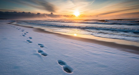 Footprints in snow on beach coast at sunset with warm sunlight on breaking waves. Winter scene by the sea with warm hues.の素材