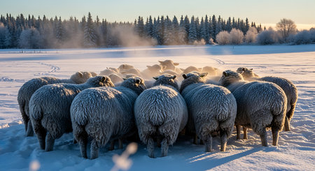 Frosted sheep gathering in snowy field back view. Huddling together for warmth in snow winter landscape. Farm animals in chilly environment.の素材