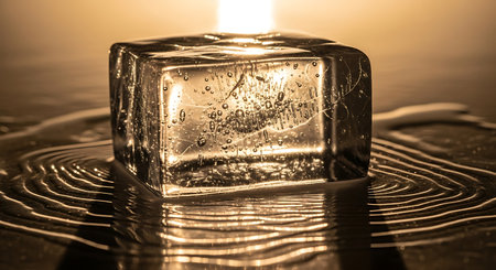 Melting ice cube close-up view. Single ice cube with bubbles and ripples on liquid surface. Sparkling water background with texture.の素材