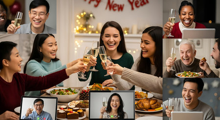 Virtual gathering happy people toasting champagne glasses. Video call connection celebration for New Year with friends and family online.の素材