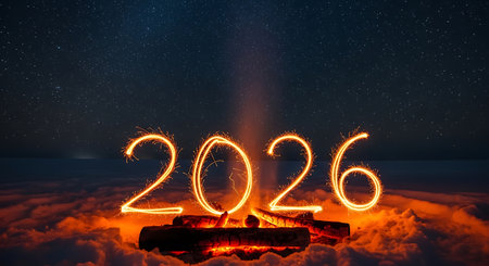 Sparkling 2026 dreams. New Year celebration depicted with light painting of year 2026 over bonfire against backdrop of winter night stars.の素材