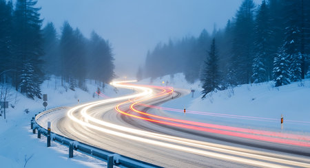 Scenic winter road cars moving through snowy forest landscape dusk dawn. Long exposure motion blur light trails curvy highway route.の素材