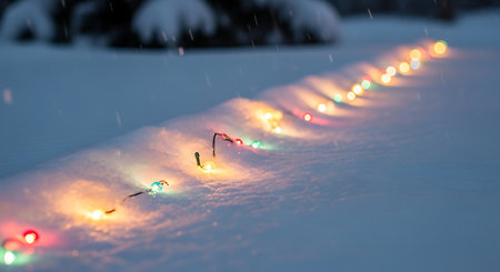 String lights illuminate snow. Festive holiday season joy. Winter wonderland landscape with string lights in snow.の素材