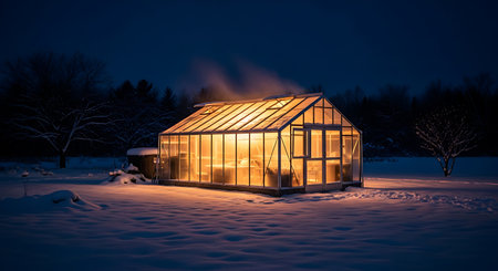 Illuminated greenhouse in winter night garden. Snowy landscape with warm glow structure. Cozy space in cold season garden concept.の素材