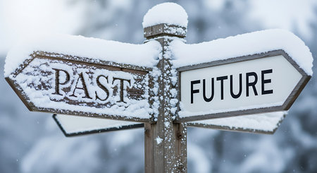 Directional signpost snowy cover with past future words. Outdoor in snowy conditions weather in winter landscape showing decision crossroads.の素材