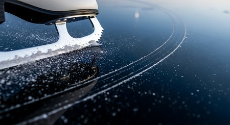 Capture close-up of ice skate blade. Observe smooth frozen surface with marks, reflecting winter sport on ice.の素材