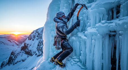 Man ice climbing Holding ice axe Ascending frozen waterfall Winter sport Adventurous outdoor expeditionの素材