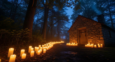 Candlelit pathway leads to stone house. Dark forest surrounds. Illuminated for evening. Mysterious and serene.の素材