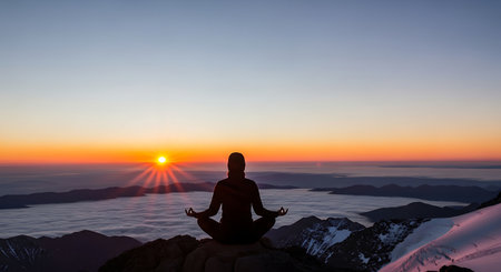 Sunset silhouette meditation serenity atop mountain cloudscape. Contemplation and mindfulness scenic panorama outdoors in peaceful setting.の素材