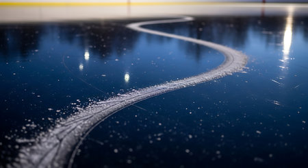 Ice Rink Surface with curved skate blade track suggests winter recreation. Winter sports and clean surface texture background.の素材