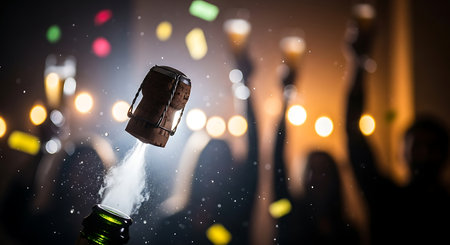 Popping champagne cork bursting air celebration toast sparkling drink success event moment alcohol bubbles fizz explosion.の素材