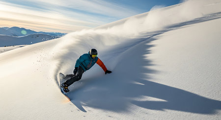Winter sports thrill ride snowboarding adventure snowrider carves powder on sunlit mountain. Fresh snow and outdoor activities on stunning backdrop.の素材