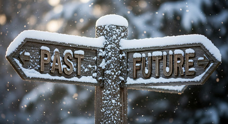 Directional wooden sign with past and future Snow covered outdoor landscape in winter Travel concept Guidance symbolの素材