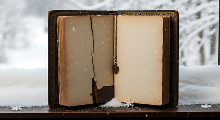 Blank Antique Book in Snowy Scene invitation to new stories. Aged pages in winter's embrace for creative project backdrop.の素材