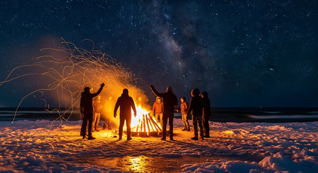 Bonfire night under starry sky gathering. People around campfire sparks. Evening winter recreation warm friendship beneath cosmos galaxy.の素材
