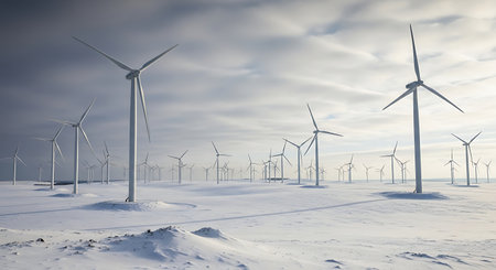 Wind turbine farm winter snow covered field alternative clean green energy renewable sustainable wind power electricity production.の素材