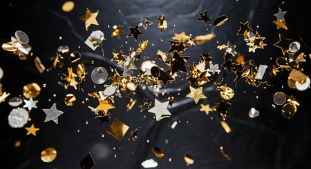 Capture joy of celebration with shower of confetti. Observe gold and silver confetti falling against dark backdrop for event.の素材