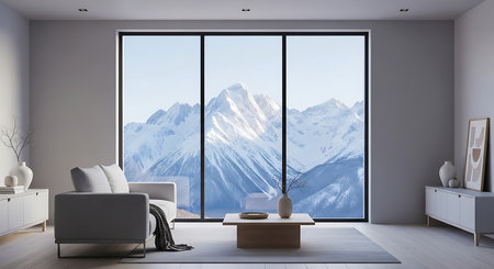 Minimalist interior featuring mountain view and sofa. Natural light floods modern living room through large window, casting a serene glow.の素材