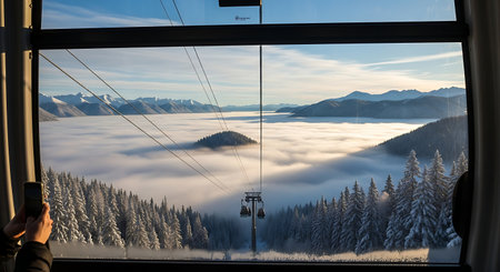 Capture breathtaking view through cable car ride in winter. Observe towering mountains, scenic peaks in snowy winter landscape.の素材