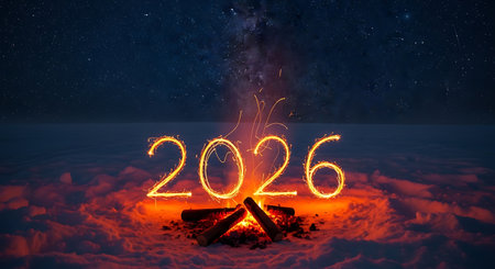 2026 New Year's Eve celebration winter bonfire under sparkling milky way. Winter snowy landscape and festive atmosphere are apparent.の素材