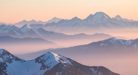 Breathtaking mountain range at dawn. Misty peaks layers of ridges serene scene and natural beauty of rugged terrain.の素材