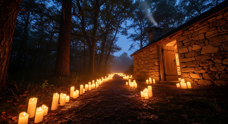 Candlelight cabin woodland path warm glowing light evening winter night scene landscape. Nighttime in woods cottage.の素材