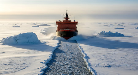 Nuclear powered icebreaker ship navigating frozen Arctic waters north pole. Epic polar journey cutting through ice floes.の素材