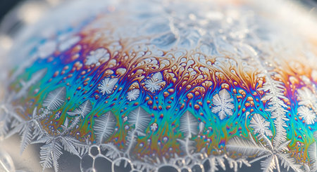 Macro photo of frozen soap bubble. Captivating iridescent patterns intricate ice crystals science physics frozen surface.の素材