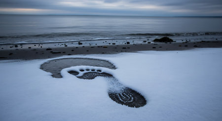 Solitude. Footprint on snowy beach. Sand near ocean water's edge. Cold weather. Quiet winter scene for holidays.の素材