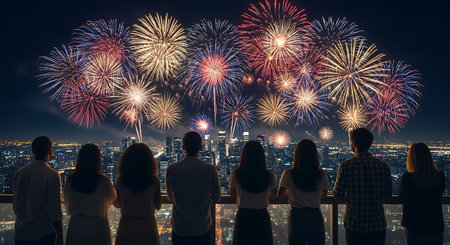 Spectacular fireworks display over city. New Year's celebration occasion. Colorful explosions light up night. Festivities atmosphere.の素材