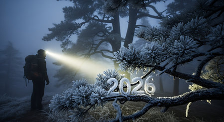 Hiker in snowy forest night year 2026. Headlamp beam frosty pine branch winter exploration nature scene outdoors.の素材