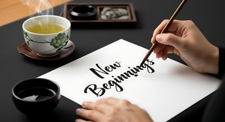 New beginnings brush calligraphy with tea cup in front Positive art desk top hand lettering represents a fresh start.の素材