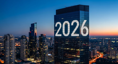 Skyscraper illuminates 2026 on the cityscape, a symbol of progress. Urban skyline and bright horizon represent the year ahead.の素材