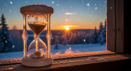 Hourglass in winter snowy scene time passing concept frozen landscape sunset scenery snowy scene frozen time scenery conceptの素材