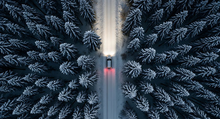 Winter road with a car and aerial view Snowy trees in a forest for driving in cold season journey adventure sceneryの素材