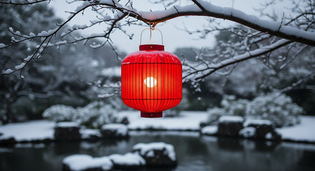 Snow covered red lantern hanging from snowy branch in peaceful winter garden. Traditional oriental light setting outdoors scenery.の素材