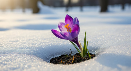 Crocus flower in bloom pushing through snow. First sign springtime season. Sunlight warming petal purple. Nature awakening freshness.の素材